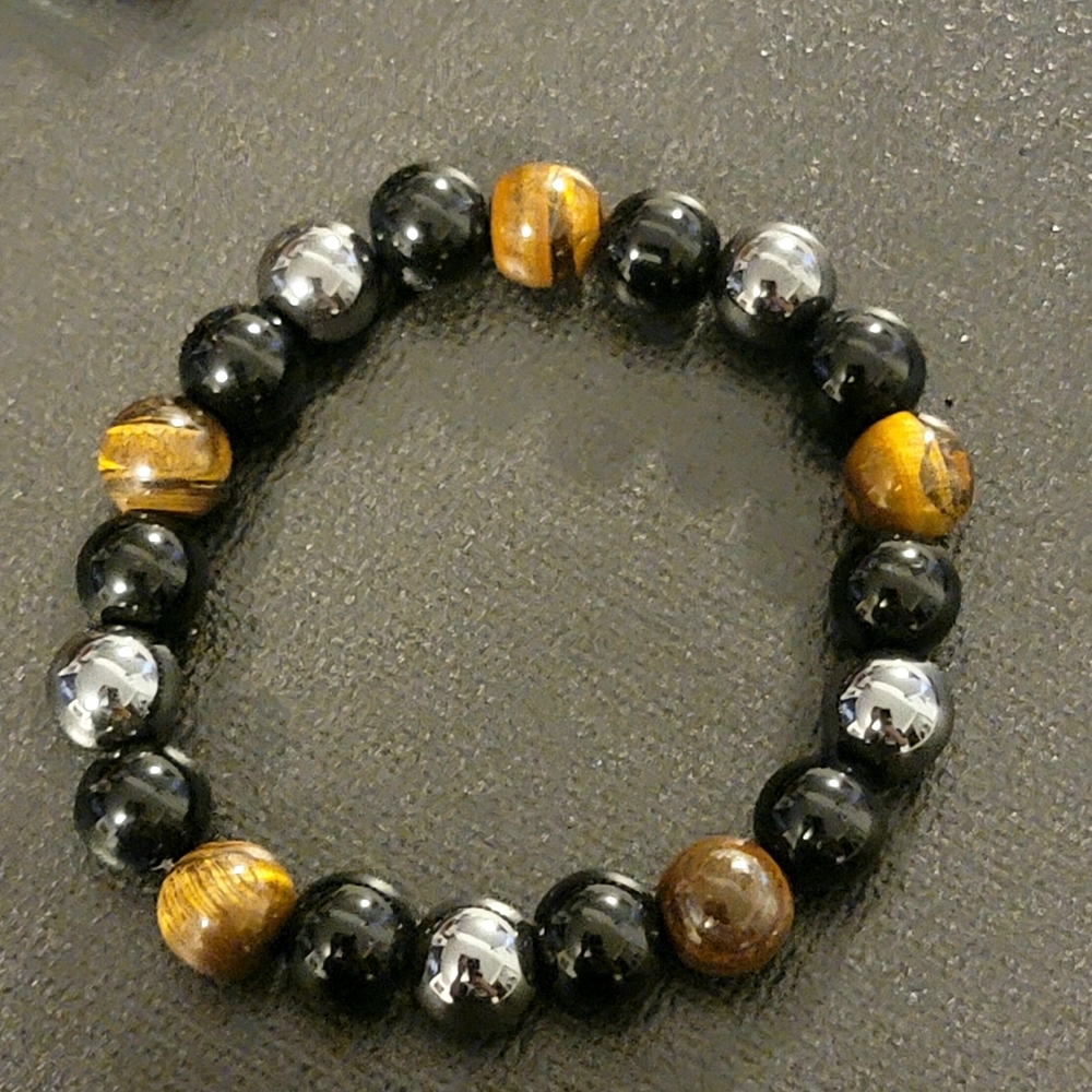 Tiger's eye, black onyx and silver chakra bracelet